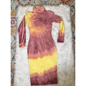 Vestidos Womens Bodycon Dress Stretch Yellow Tie Dye Midi Turtleneck Sexy S